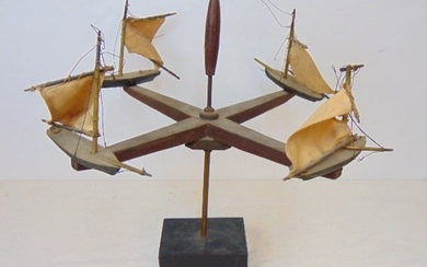 19th Century whirlygig with small sailboats, height is 19", 18.5 wide (arms), sailboats need some