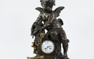 19th century Parisian mantel clock with enamel dial marked Vor Paillard F des Bronzes Paris with gilt hands and facet cut glass ring, heavy gilt and patinated bronze clock case with seated Cupid with Doves, mechanism mar