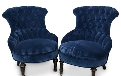 (2 Pc) Victorian Tufted Velvet Nursing Chairs