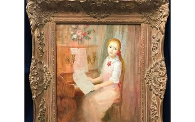 20thc Oil Painting, Girl Playing The Piano