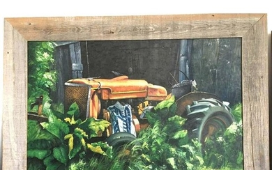 20thc Signed Oil Painting, Rural Scene, Barn & Tractor