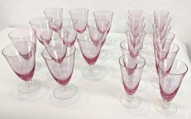 23pc Pink Crystal Fluted Stemware Glasses. Clear base.