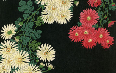 Original woodblock print, Published by Watanabe - Ohara Koson (1877-1945) - Chrysanthemum and flowing water - Heisei period (1989-2019)