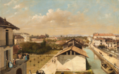 Angelo Inganni ( Brescia 1807 - Gussago (BS) 1880 ) , "Veduta del Naviglio di San Marco dal terrazzo di Ca' Medici" olio su tela (cm 60x78) Bibliografia: E. Sioli Legnani...