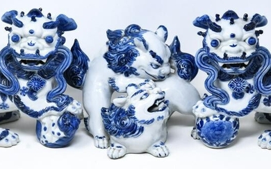 3 Chinese Blue & White Foo Dog Porcelain Statues
