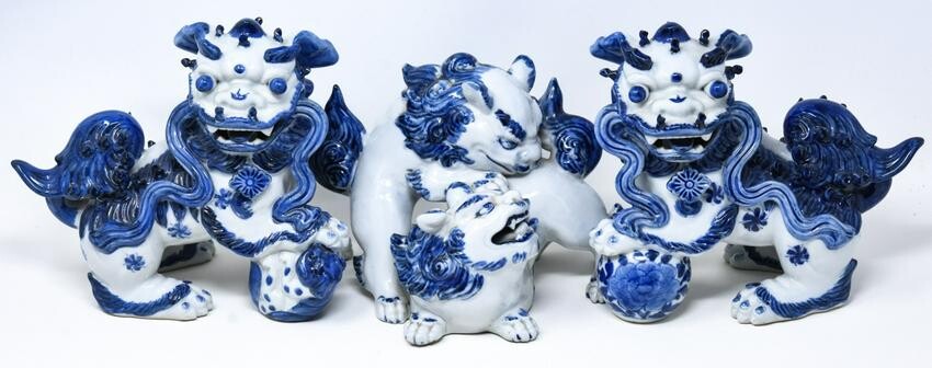 3 Chinese Blue & White Foo Dog Porcelain Statues