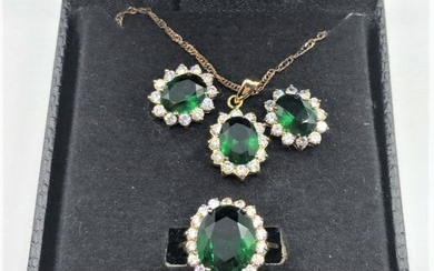 3 pc Costume Necklace Earrings Ring Emeralds Crystals