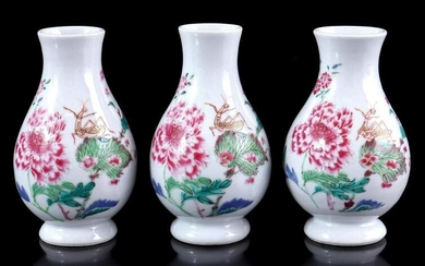 3 porcelain Famille Rose vases with peony and
