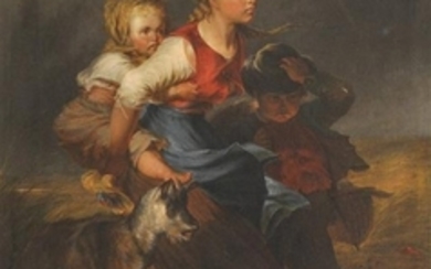 Wiener Maler um 1850 , Bambini in fuga;Olio su tela, 80 x 64,5 cm, in cornice