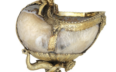 A CONTINENTAL SILVER-GILT MOUNTED AGATE CUP, POSSIBLY CREATED BY EDWARD FARRELL IN THE EARLY 19TH CENTURY, INCORPORATING 16TH CENTURY ELEMENTS, AFTER A DESIGN BY VIRGIL SOLIS
