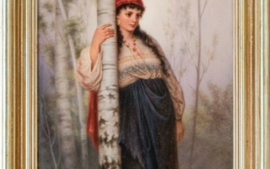 KPM HAND-PAINTED PORCELAIN PLAQUE Depicts a young gypsy woman standing by a birch tree. Indistinctly signed lower right. Impressed f...