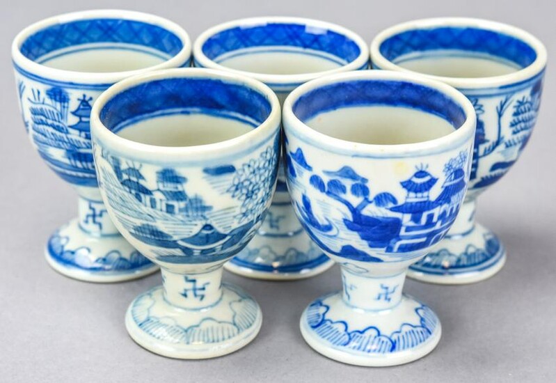 5 Chinese Canton Blue & White Porcelain Egg Cups