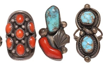 (5) NATIVE AMERICAN & SOUTHWEST SILVER, TURQUOISE & CORAL RINGS