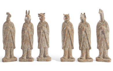 A SET OF SIX CHINESE LARGE PAINTED RED POTTERY ZODIAC FIGURES, TANG DYNASTY (618-907)