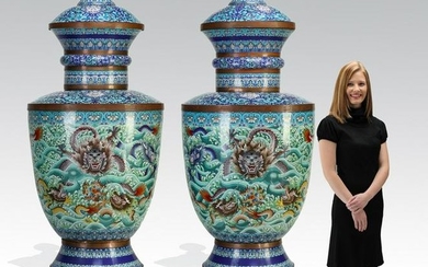 (2) Monumental Chinese cloisonne dragon vases, 70"h
