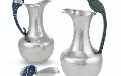 THREE MEXICAN SILVER-PLATED AND HARDSTONE PITCHERS, MARK OF TAXCO, LATE 20TH CENTURY