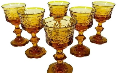 6 Bohemian Amber Gold Cut Glass 1 ounce Cordial Wine Goblets, 19th Century
