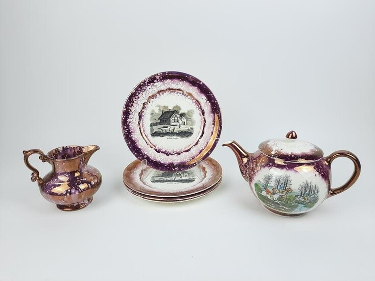 6 Pcs Luster Ceramics incl Pictorial Tea Pot
