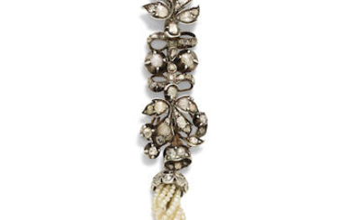 A pearl, diamond, silver, gold and silver-topped gold tassel pendant