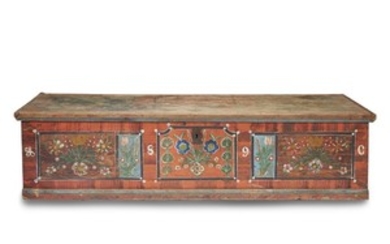 A large decorated faux grain-painted blanket chest Probably Pennsylvania,...