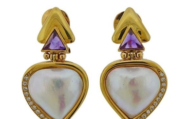 18k Gold Diamond Amethyst Mabe Pearl Earrings
