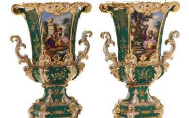 A pair of 19th/20th century gilt and painted porcelain vases, unmarked. H. 40 cm. (2)