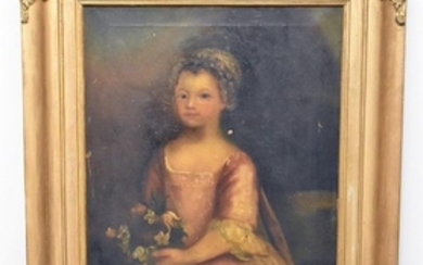 19th C. Oil/Canvas, Portrait of Girl with Flowers