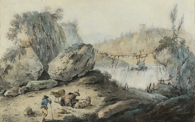 69 Jean-Baptiste PILLEMENT (1728-1808) Paysage à la cascade avec pâtre et ses animaux Pierre noire,...