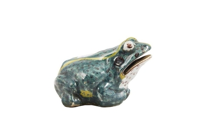 69-Polychrome stanniferous earthenware frog. Period: early 20th century. Length :...