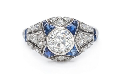 An Art Deco Platinum, Diamond and Sapphire Ring