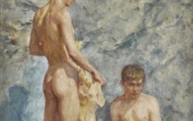 BLUE AND GOLD (TWO BOYS AND A DOG), Henry Scott Tuke, R.A., R.W.S.