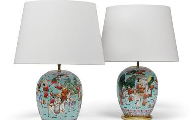 A PAIR OF CHINESE FAMILLE ROSE PORCELAIN TABLE LAMPS, THE VASES LATE 19TH CENTURY