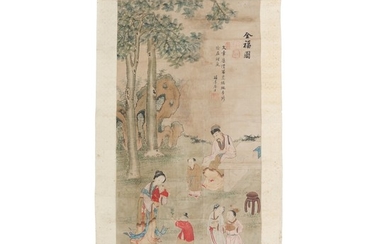 A Chinese scroll with family scene in garden. Marked. Gouache on paper, monted with silk frame. C. 1900. Image 100×47 cm.