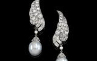 A pair of cultured pearl and diamond ear clips