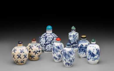Eight blue and white porcelain snuff bottles
