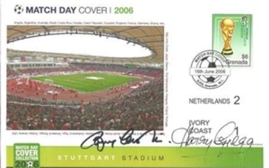 Football Match day cover 2006 Stuttgart stadium Netherlands v Ivory Coast PM 16TH June 2006 signed by Bobby Charlton and...