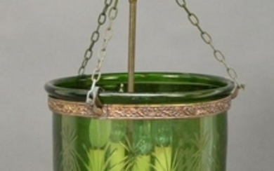 Green glass hanging bell jar light fixture, 20 inches