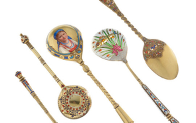 A group of five Russian silver-gilt and enamel spoons