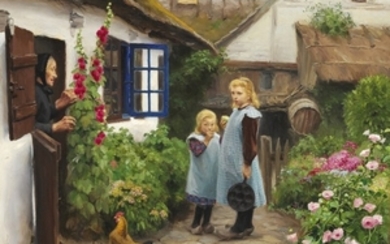 H. A. Brendekilde: Two little girls in front of a thatched farm. Signed H. A. Brendekilde. Oil on canvas. 48 x 64 cm.
