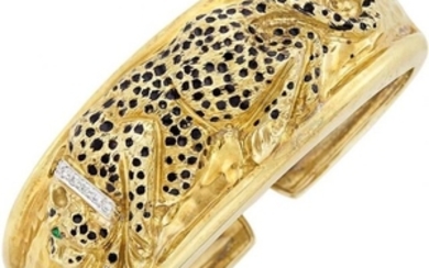 Hammered Gold, Black Enamel, Diamond and Emerald Leopard Cuff Bangle Bracelet