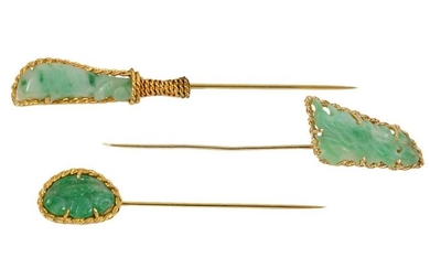 3 Jade and 14K Yellow Gold Stick Pins