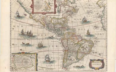 Jansson's Decorative Map of the Americas, "America Noviter Delineata", Hondius/Jansson