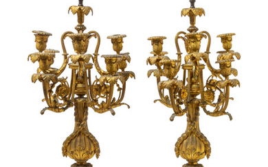 A Pair of Louis XVI Style Gilt Bronze and Onyx Eight-Light Candelabra