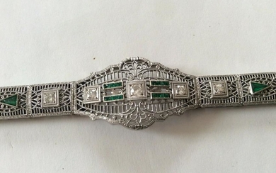 platinum And 14k Antique Diamond And Emerald Bracelet