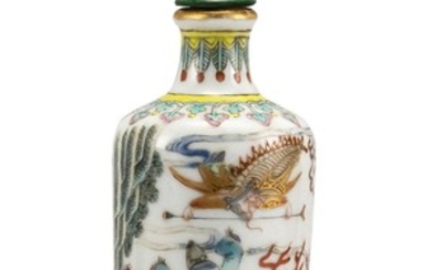 POLYCHROME PORCELAIN SNUFF BOTTLE In cylinder form, with a mythological landscape and a spearhead border at shoulder. Four-character...