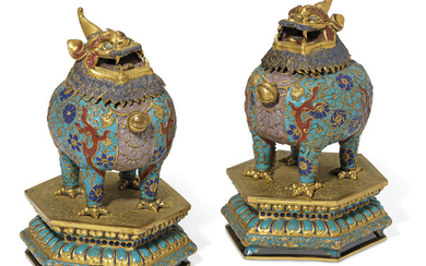 A RARE PAIR OF CHAMPLEVÉ ENAMEL 'LUDUAN' CENSERS AND COVERS, QIANLONG PERIOD (1736-1795)