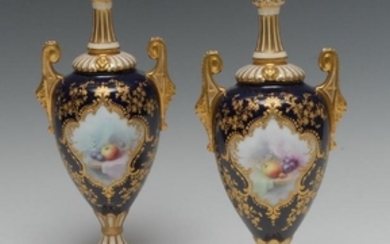 A pair of Royal Worcester two handled pedestal ovoid