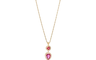 A ruby and diamond pendant necklace The pendant...