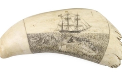 SCRIMSHAW WHALE'S TOOTH ATTRIBUTED TO WILLIAM LEWIS RODERICK Depicts a whaling scene of a whaleship, three whaleboats and two visibl..