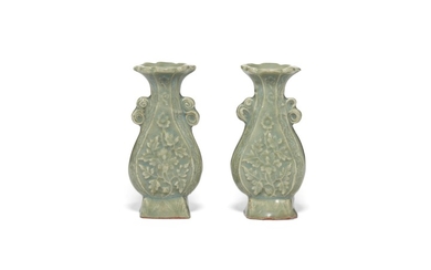 A PAIR OF SMALL MOLDED LONGQUAN CELADON VASES, YUAN-MING DYNASTY (1279-1644)